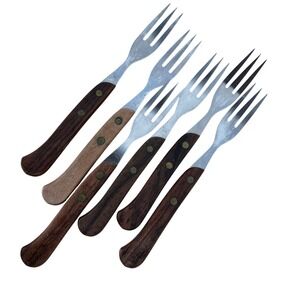 Vintage Scandi‎ Mid Century Wood Appetizer Forks Stainless Japan Set